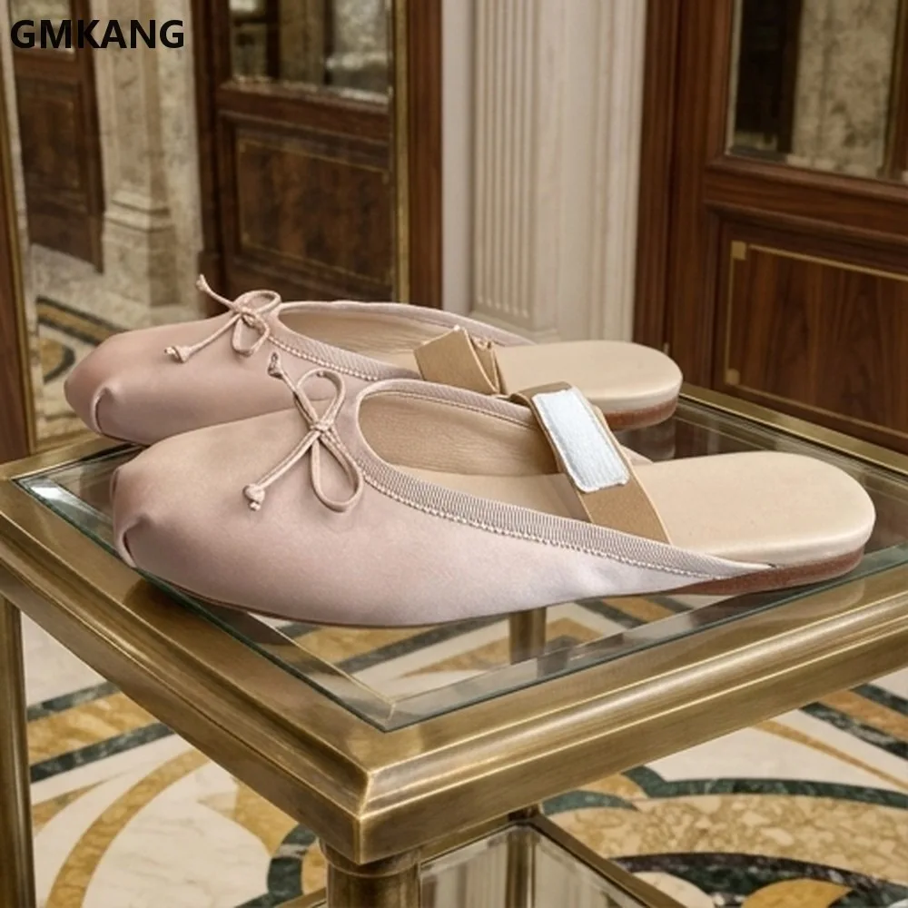 Women Round Toe Genuine Leather Mule Slides Backless Ankle Strap Flat Heels Summer Soft Sole Comfort Casual Slippers GMKANG
