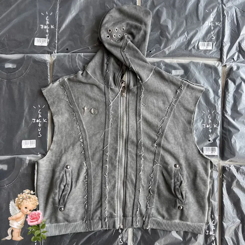 Gray Splice THUG CLUB Retro Washed Metal Hole Double Zipper Tank Tops Men Women Loose Sleeveless Hooded Vest Clothes GYM