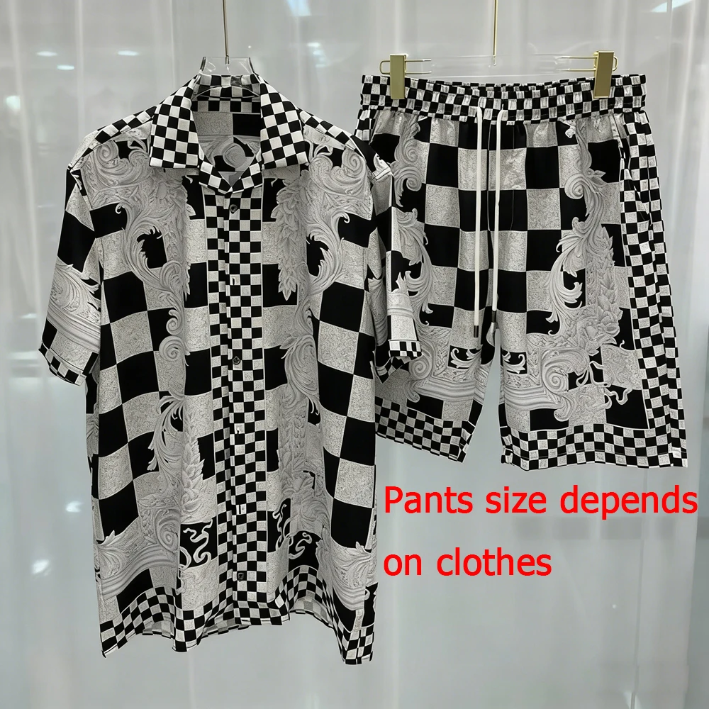 

Men's Spring New Arrival Lightweight Short Sleeve Shorts Shirt Set Gingham Scroll Printed Shirt Hawaiian Vacation Clothes men's