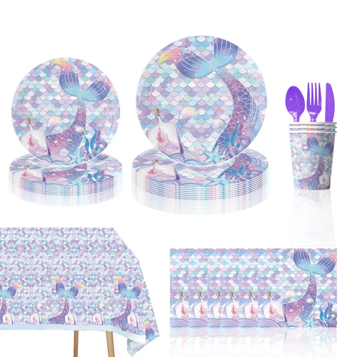 10Guests Mermaid Theme Birthday Party Disposable Tableware Mermaid Tail Plates Cups Princess Girls Mermaid Birthday Supplies