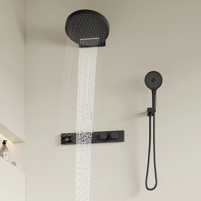 All Black Simple Bathroom Shower Faucet Set Thermostatic Shower System 3-way Concealed Shower Set with Brass Fittings