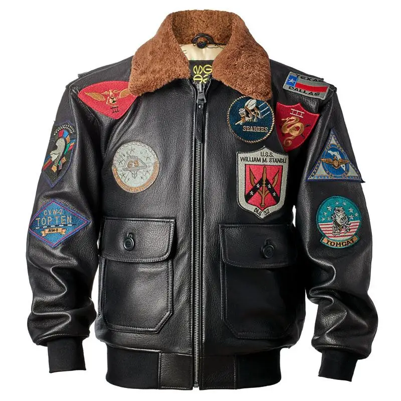 

Black Winter Leather Jacket Men Military Style Wool Collar Europe Size Genuine Natural Thick Cowhide G1 Flight Leather Coat