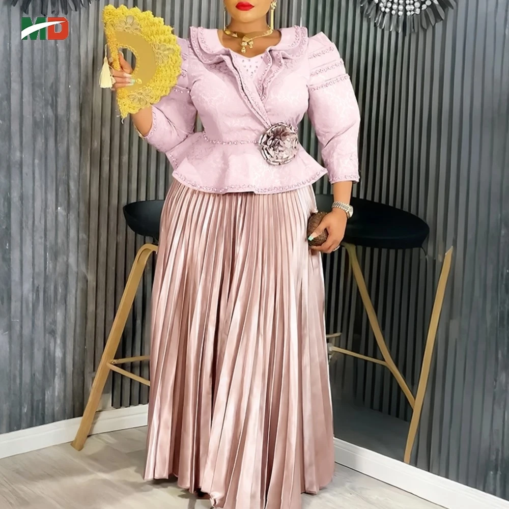 MD فساتين الأفريقية للمرأة حجم كبير 2 قطعة موضة Dashiki أنقرة حفل زفاف ثوب مسائي أنيق تركيا مطوي فستان ماكسي #3