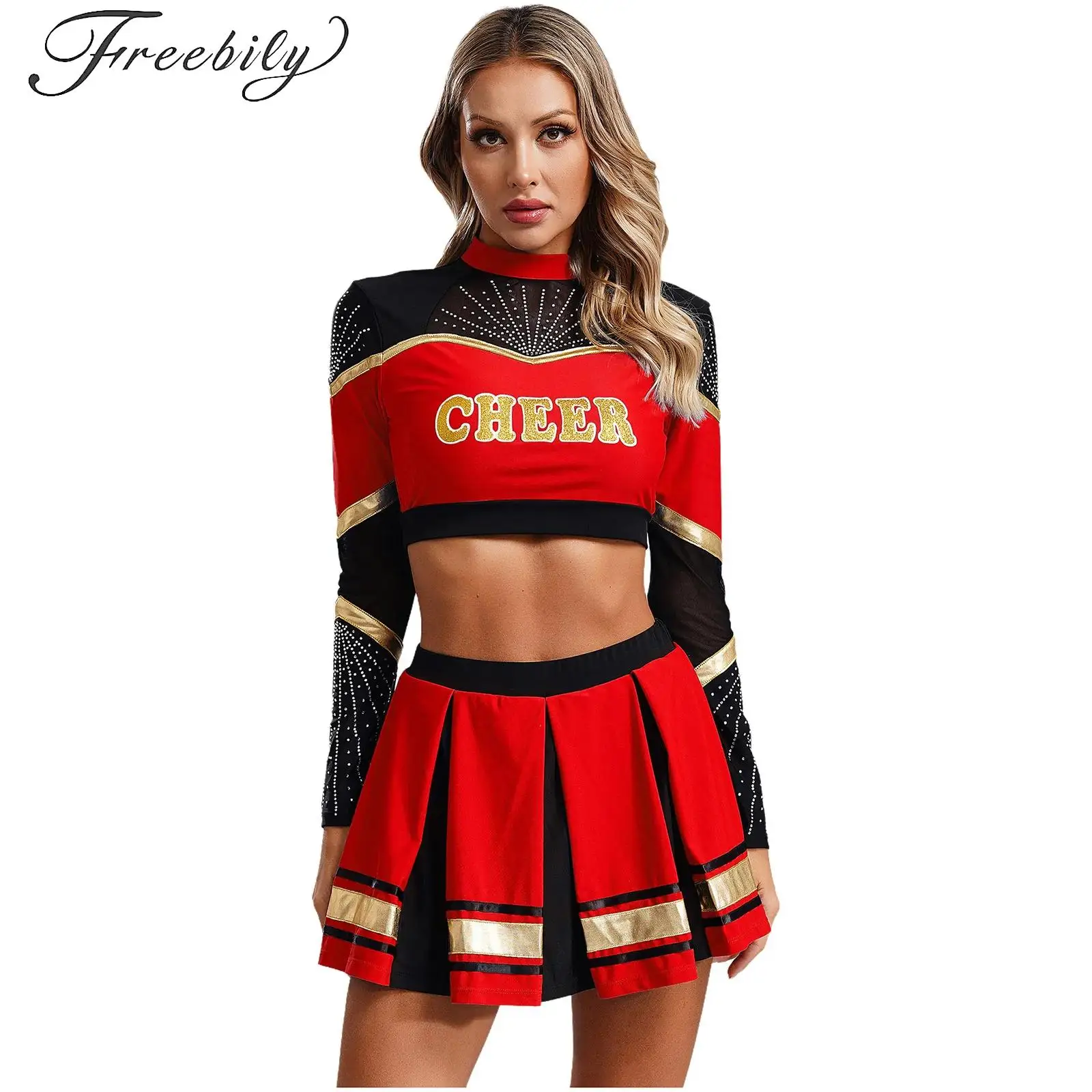

Women Cosplay Cheerleader Costume Cheerleading Uniform Outfit Long Sleeve Crop Top with Pleated Skirt School Girls Dance Sets