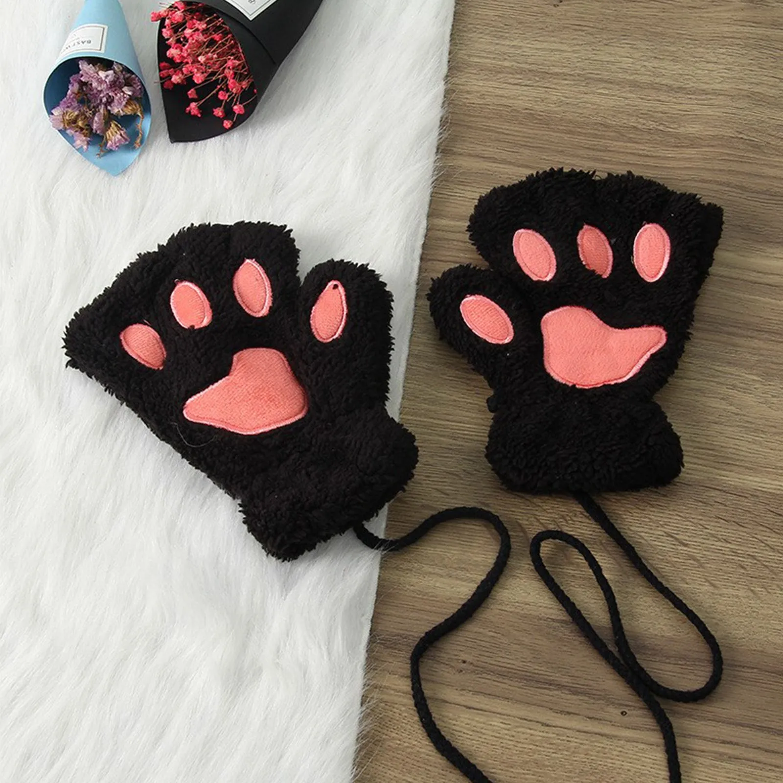 Kawaii Women Cat Gloves Soft Plush Short Fingerless Half Finger Winter Gloves Fashion Girls Cat Claw Paw Plush Mittens