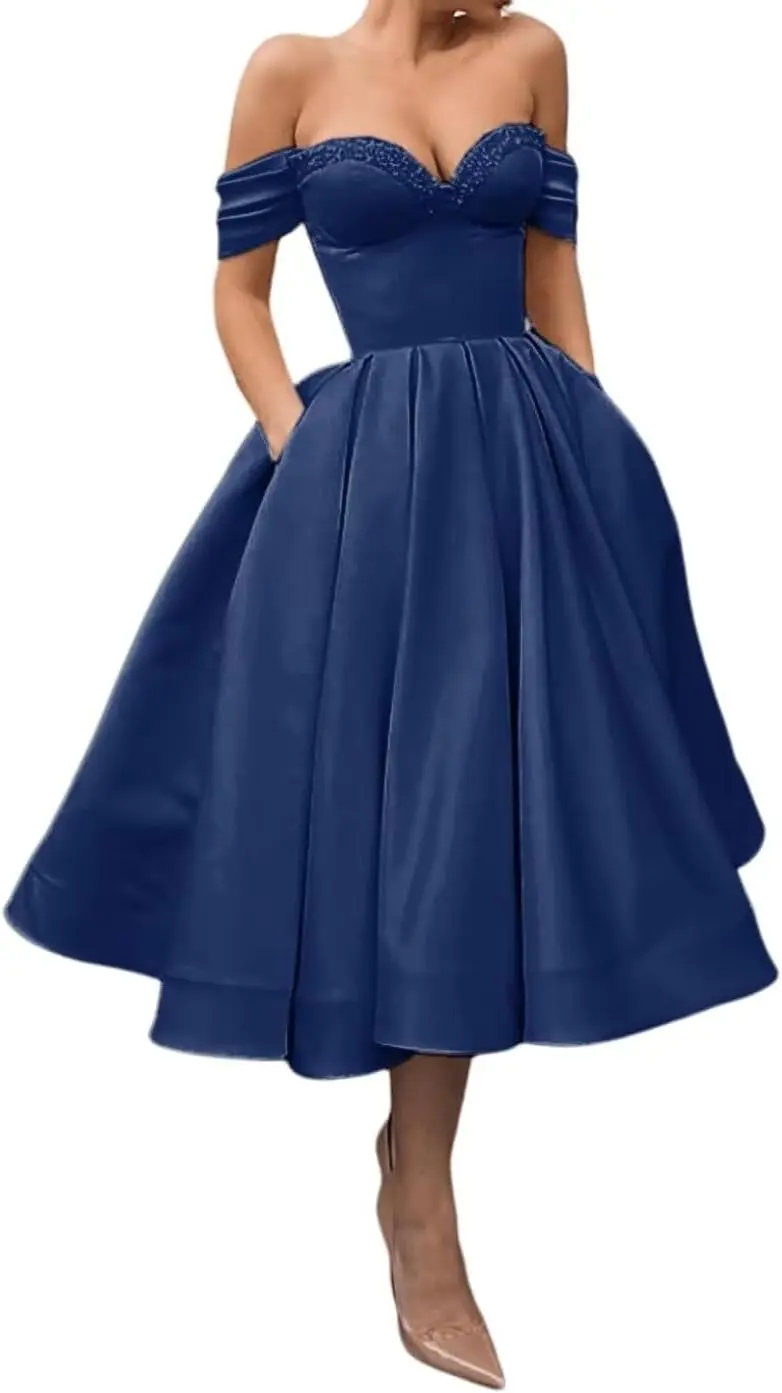 

A Line Off Shoulder Prom Dresses for Women Satin Tea Length Cocktail Party Dresses with Pockets Formal Dress Women Elegant