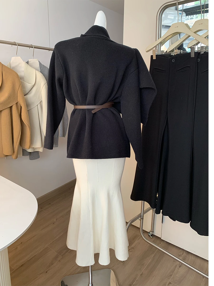 

Hebe Sle, большой шарф с запахом на плечах, шерстяное пальто, женское зимнее новое элегантное пальто средней длины с поясом, корейская версия