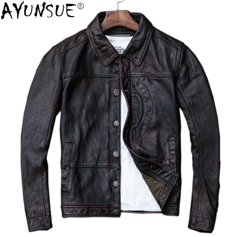 

AYUNSUE Fashion Genuine Leather Jacket Men Vintage Short Cowhide Leather Coat Motorcycle Men's Clothing Veste En Cuir Homme 2025