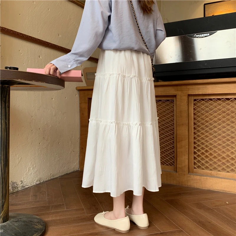 Midi Skirts Women Elastic Waist White Temperament Spring Mid-calf Empire A-line Feminine Faldas Harajuku Street Style Preppy New