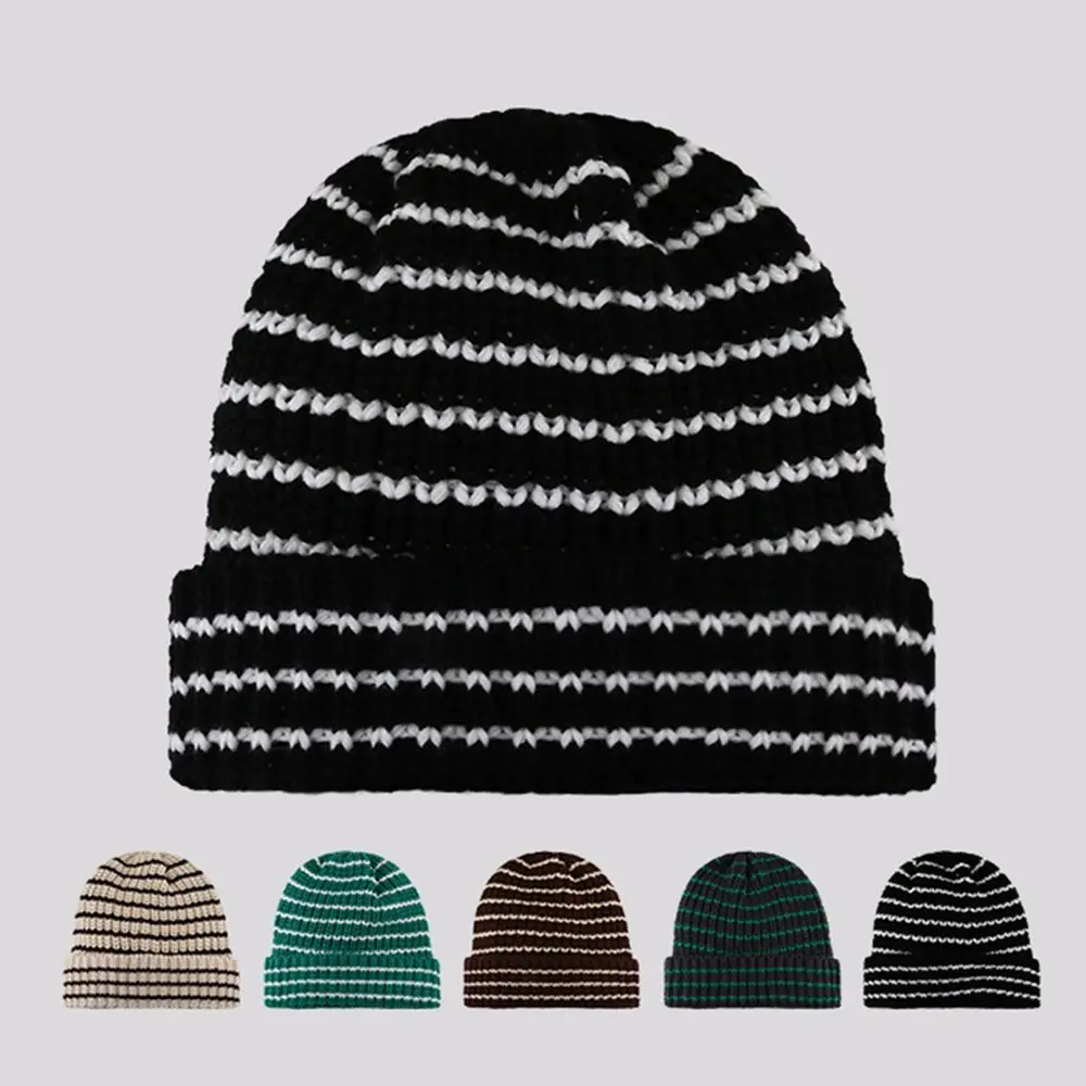 Fashion Cuffed Rollup Women Stripe Beanie Striped Ins Little Devil Skull Cap Warm Casual Knitted Wool Cap Unisex