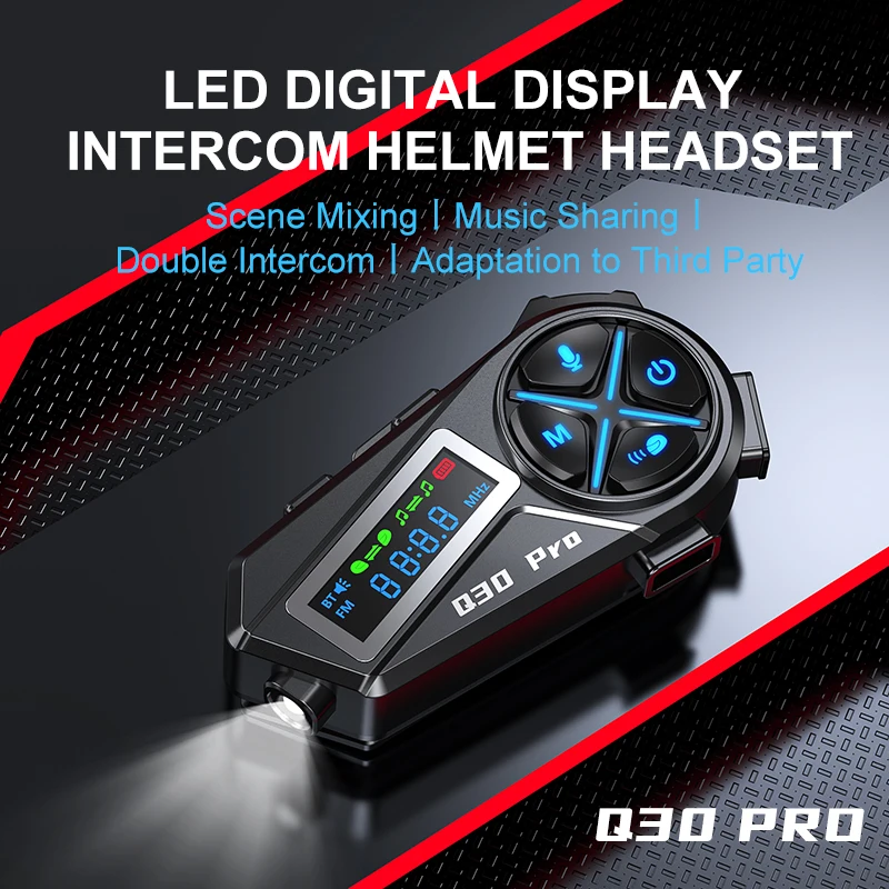 Q30 Pro Motorcycle Helmet Bluetooth Intercom Distance 500M LED High-Definition Digital Display Intercom Music Sharing Coexist