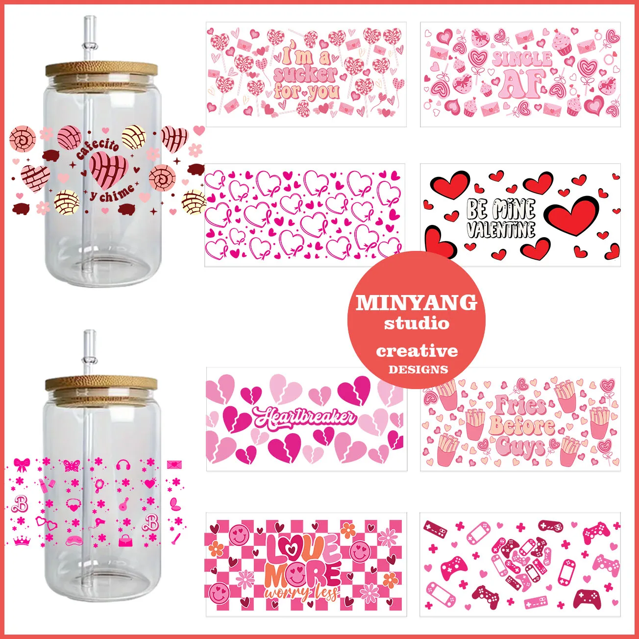 Valentine' day easy to peel off waterproof DIY sticker 3D transfer UV DTF crystal sticker 16 oz suitable for Libbey  glasses