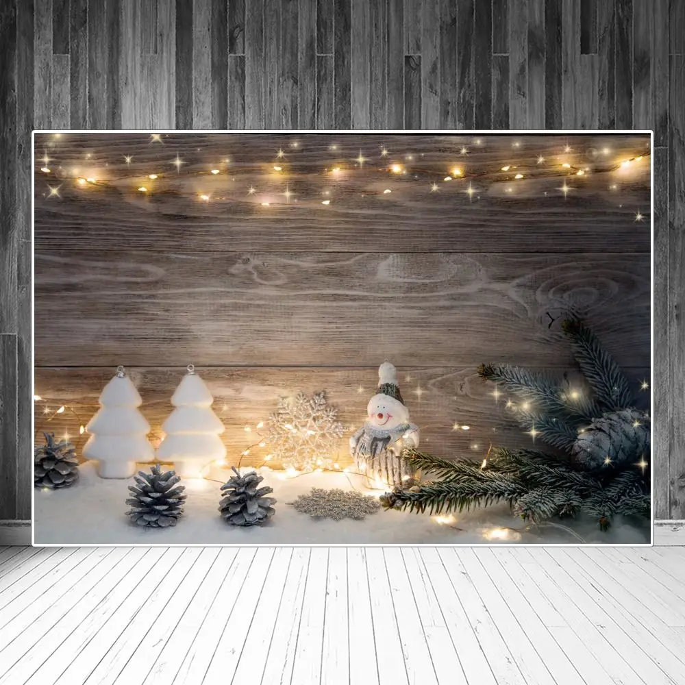 Fondos de fotografía personalizados con luces de muñeco de nieve de Navidad, conos de pino, tablones de madera, decoración de fiesta de bebé, fotomatón