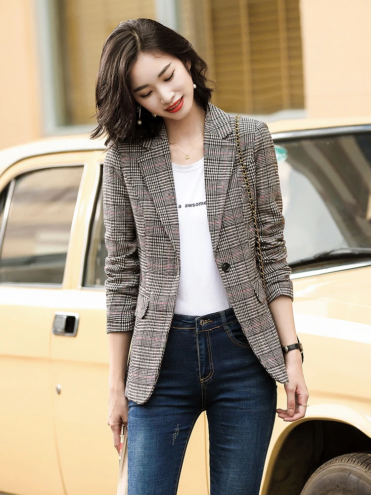 Women Plaid Blazers Female Outerwear Casual Coat Work Office Lady Elegant Brown Gray Jackets Clothing