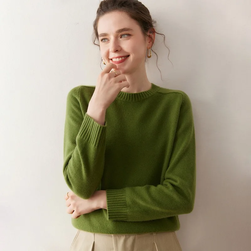 Suéter informal de punto para mujer, Otoño/Invierno, 100% de Cachemira, cuello redondo, manga larga, hombros descubiertos, suelto, Color sólido, moda