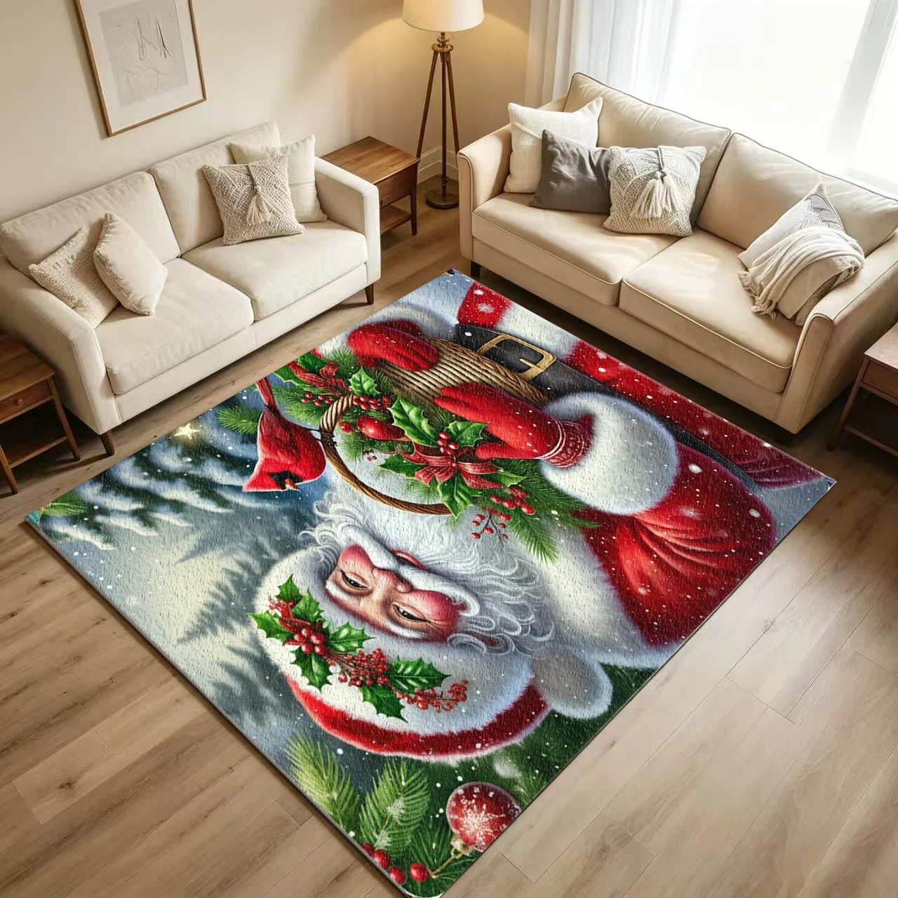 Festive Santa Claus Red Cardinal Bird Christmas Carpet Non-Slip Washable Floor Rug Suitable for Holiday Winter Home Decoration