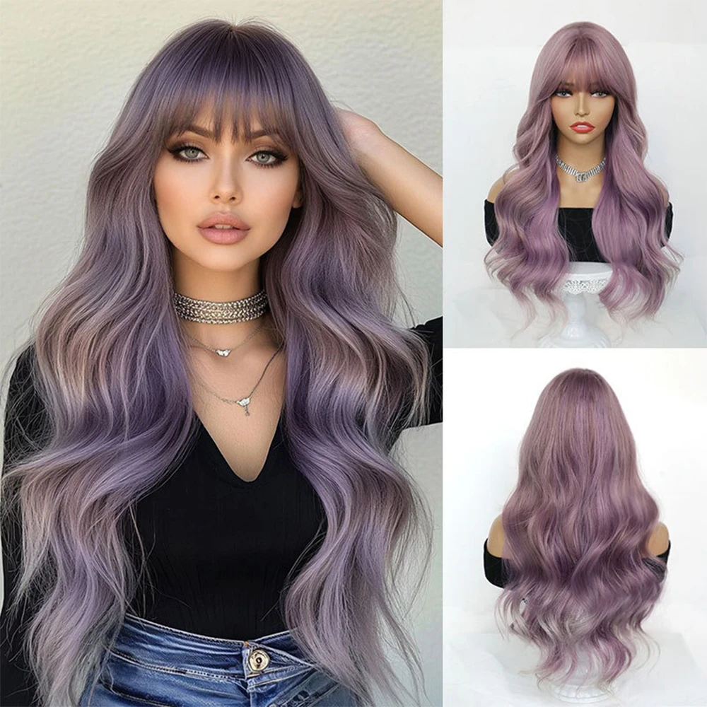 

Ash purple Fluffy Wavy Synthetic Wigs with Bangs curly Hair for Wome Daily party Cosplay Wigs Natural Heat Resistant Fiber Wigs
