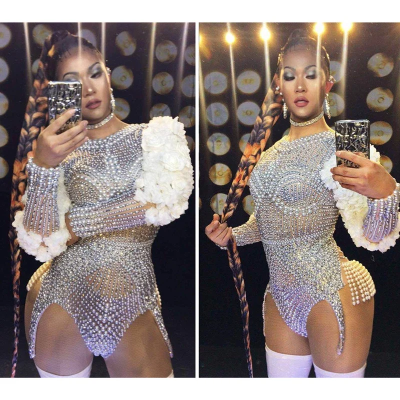 

Hot selling female singer DJ elastic tight fitting diamond pearl jumpsuit nightclub bar gogo adult fashion performance outfit