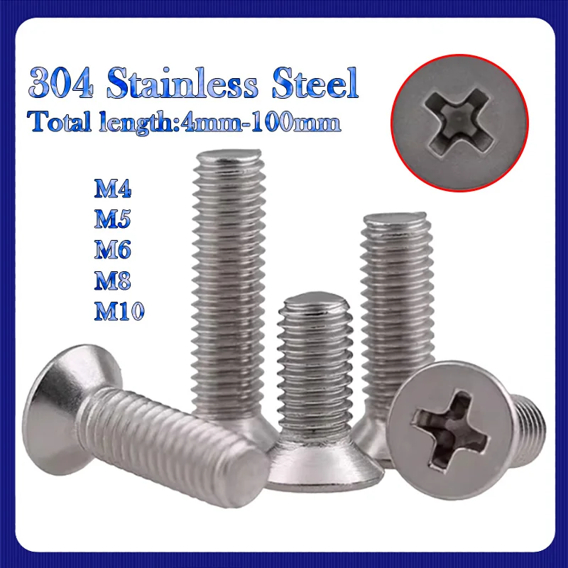 304 Stainless Steel Cross Phillips Countersunk Head Screw M4 M5 M6 M8 M10 Countersunk Head Cross Head Screw 3/10/20/30/50 Pieces