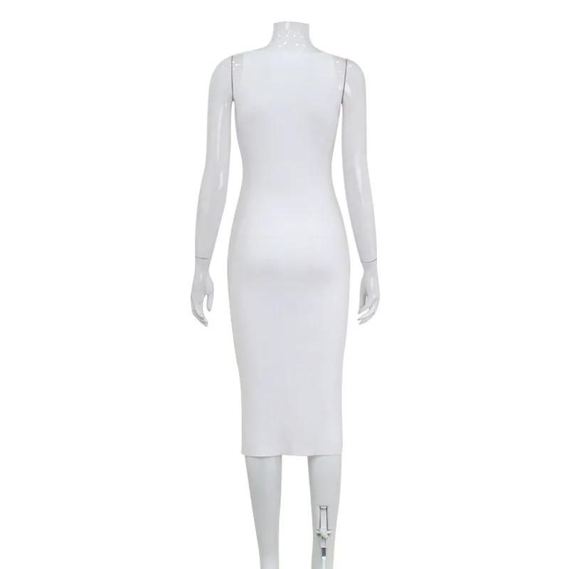 DSMTRC Sexy escote en V profundo hendidura ceñido al cuerpo vestidos de tubo verano elegante Vestido blanco de un solo pecho para mujeres Vestido de noche Vintage