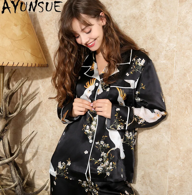 AYUNSUE 19Mm 100% Real Mulberry Silk Sleepwear Women Autumn Pajama Set Fashion Long Sleeve Shirt Pants Womens Home Clothes Print