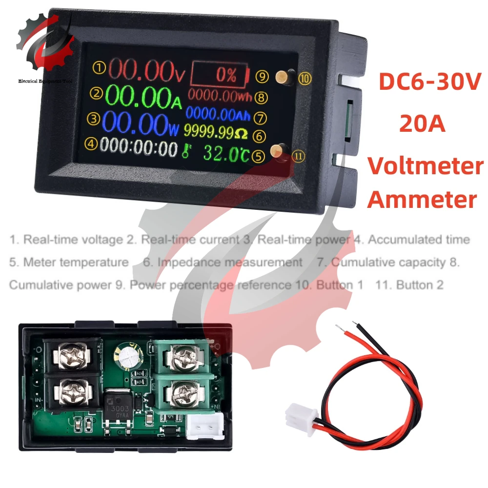 DC30V20A IPS LCD Digital Voltmeter Ammeter 9in1 Multifunction Tester Voltage Current Power Energy Battery Electricity Test Meter