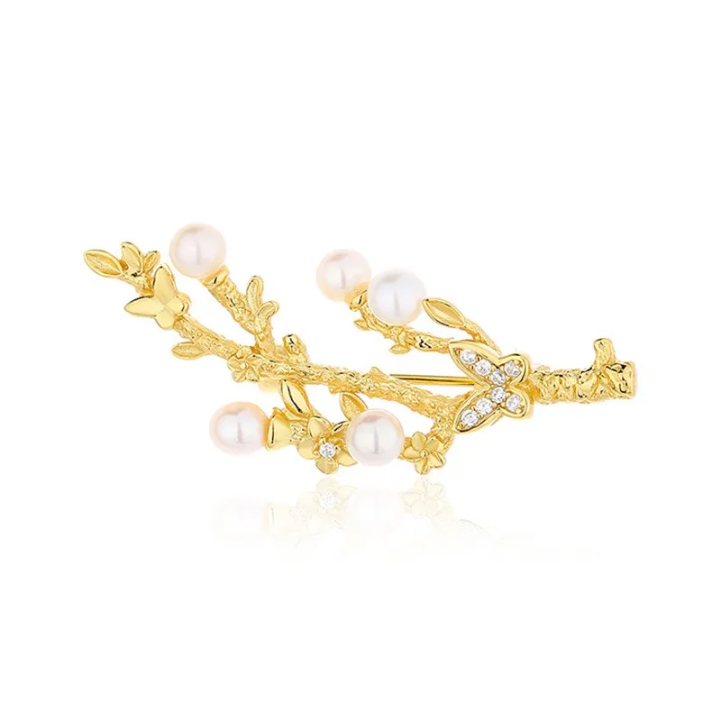 XZ-2 ZFSILVER S925 Silver Fashion Trendy Luxury Elegant Butterfly Branch Freshwater Pearl Brooch For Women Wedding Jewelry Girls