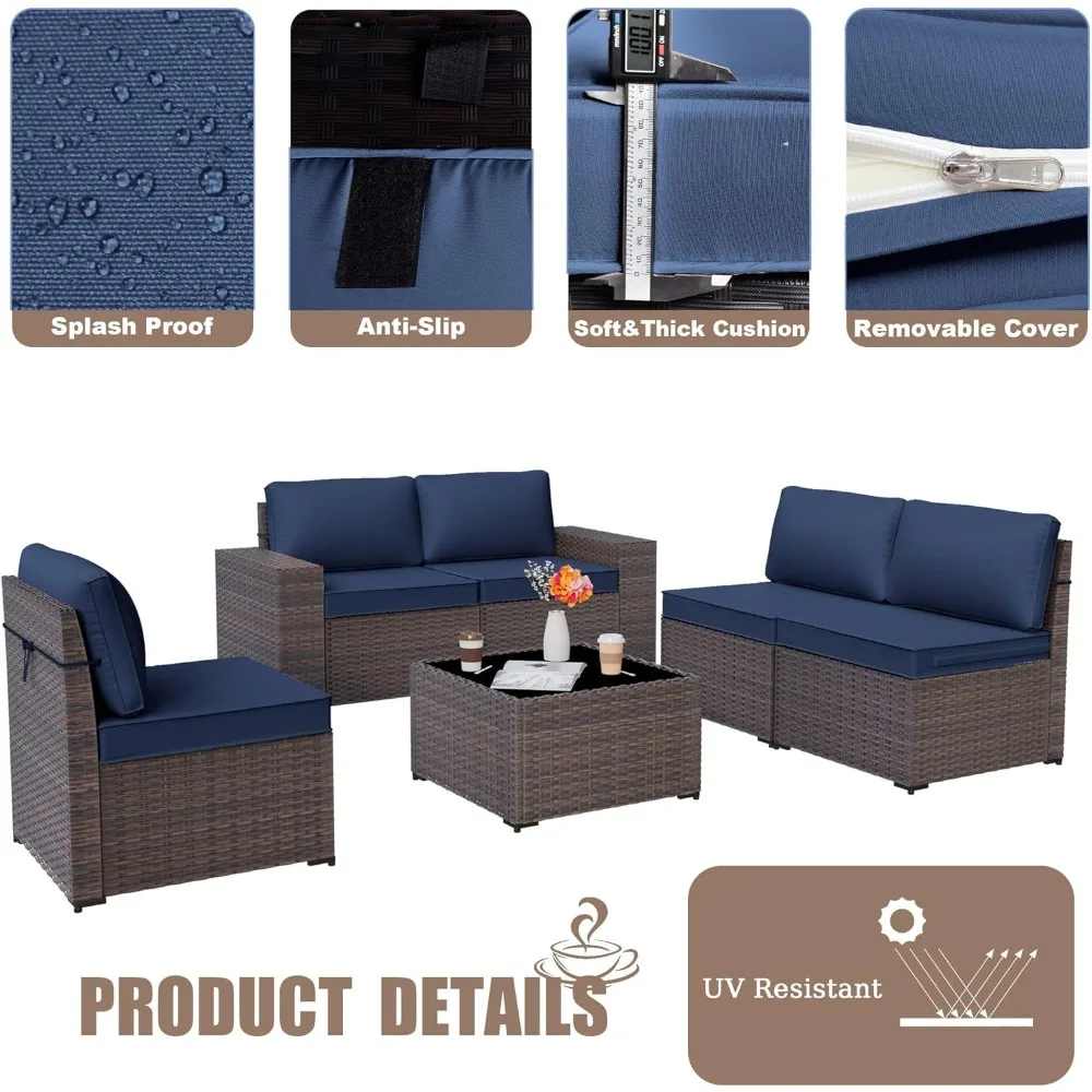 6 Pieces Patio Furniture Set, Rattan Outdoor Conversation Sets W/4 Inch Cushion And Glass Coffee Table(navy Blue)