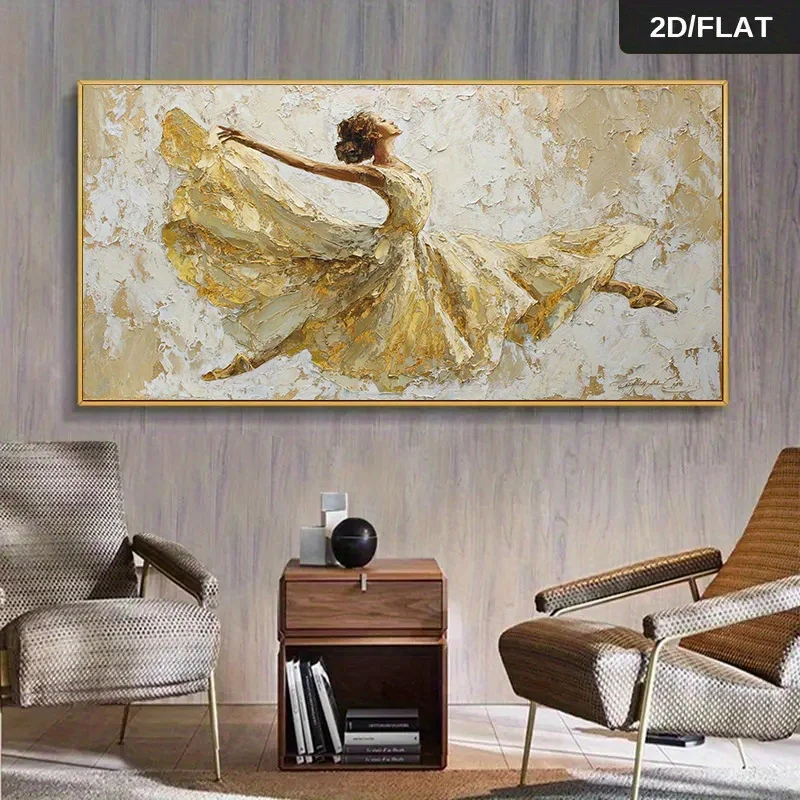 2D Flat Modern Abstract Golden Ballerina Canvas Wall Art- Unframed Retro Canvas Print Painting