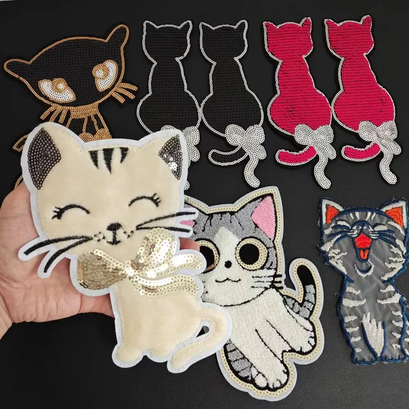 Large Cat Sew on Patches For Clothing Sequins Plush Lace Biker Badge Patch Sequined Women Clothes Stickers Strange things