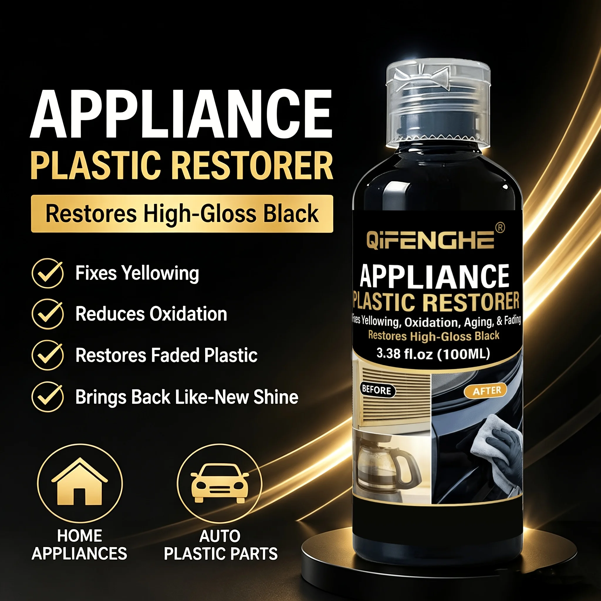 Restaurador de Plástico 100ml para Carros e Eletrodomésticos, Revestimento para Renovação de Acabamentos Plásticos, Restaura Peças Plásticas Amareladas e Desbotadas, A
