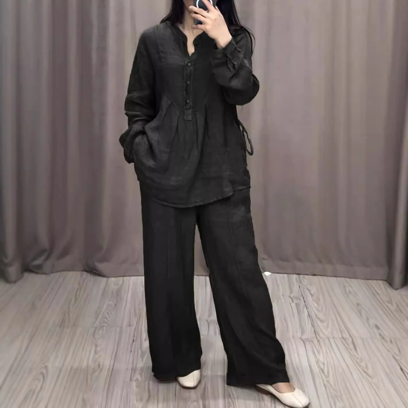 

2026 Independent Station Autumn New Fashion Comfortable Cotton Linen Long Sleeve Half-Open Front Casual Pleated Wide-Leg Pants