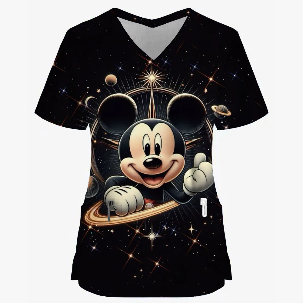 Summer Nurse Uniform Disney Mickey Mouse Print Pattern Dentist Beauty Salon Pet Shop Work Clothing V Neck Pocket T-Shirt Tops