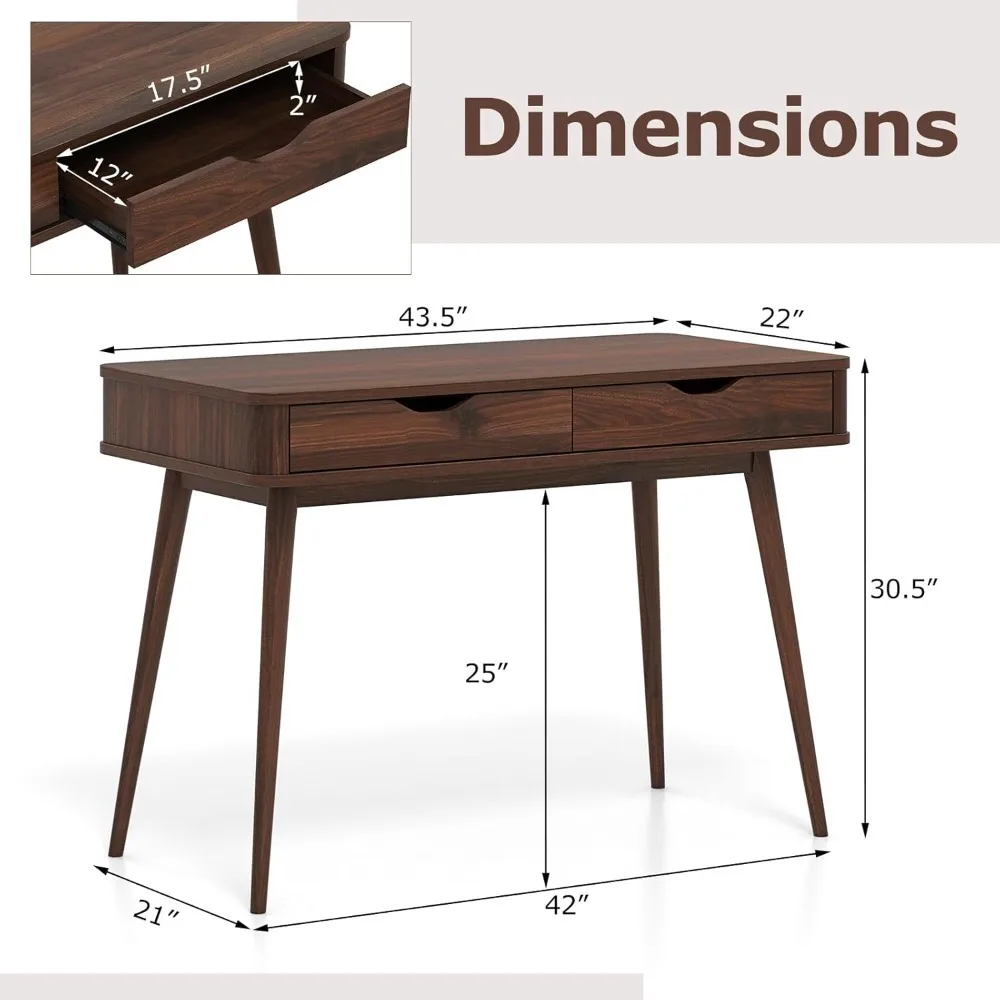 Computer Desk with 2 Storage Drawers, Rubber Wood Legs for Small Space, Versatile Vanity Table, Mid Century Writing Desk