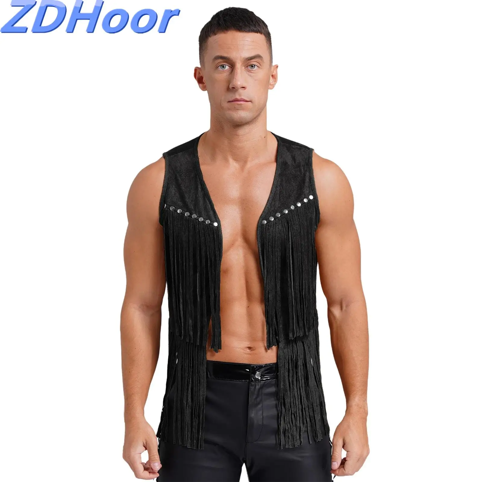 Mens Faux Suede Tassel Vest Western Cowboy Vest Fashion Rivets Fringe Waistcoat Open Front Sleeveless Jacket