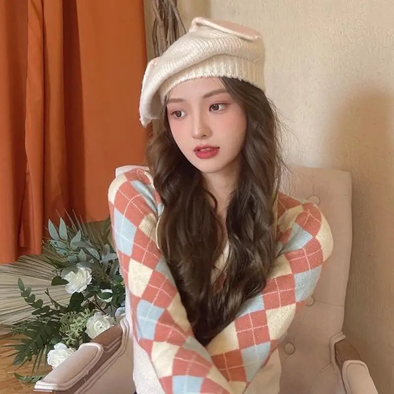 

652F Rabbit Ears Artist Hat Knitted Hat Windproof for Casual Festival