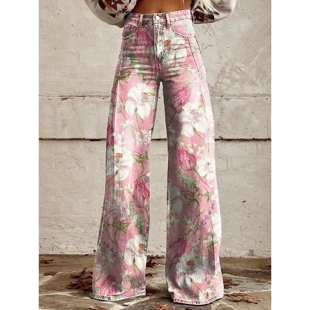 Damen Boho Blumenmuster High-Waist Weite Hose Retro Y2K Western Lässige Loose-Fit Hose mit Taschen Sexy Mädchenhafte Streetwear – Detail 13
