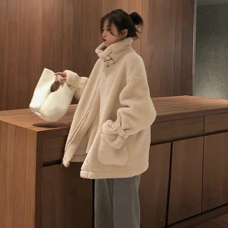 Lamb Wool Coat Female Winter Korean Loose Pockets Plush Thick Warm Parkas Women Cotton Padded Jacket Japanese Jackets White