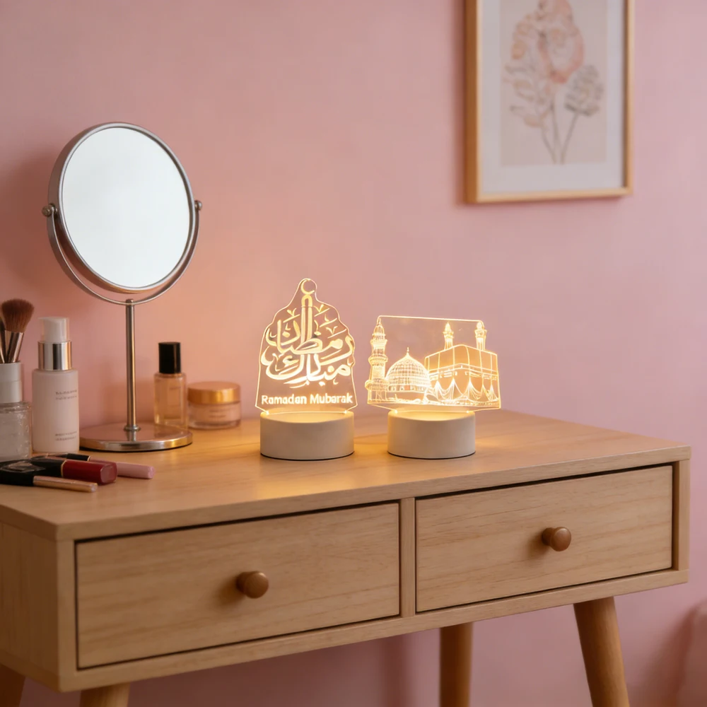 

3D Acrylic LED Night Light USB Powered Islamic Muslim Ramadan Festival 2026 EID Mubarak Ornaments Bedroom Home Decor Lamp Gifts
