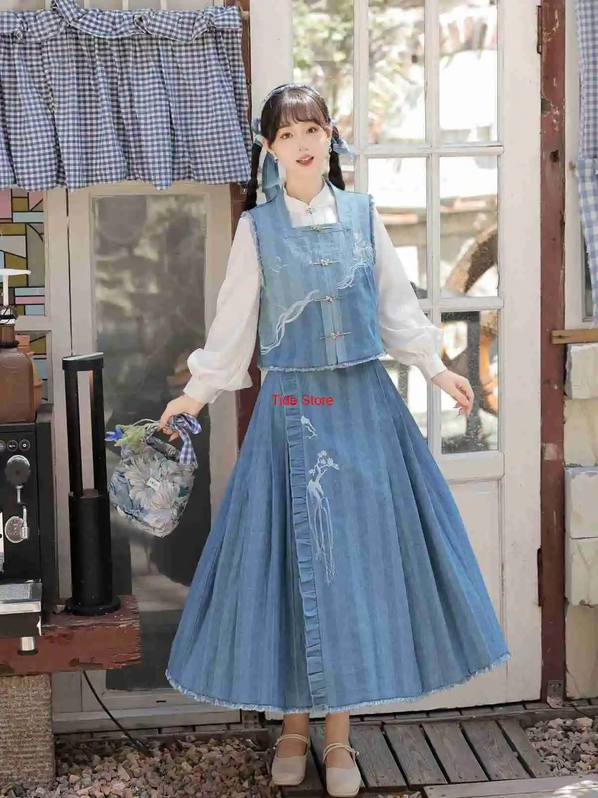 

Shui Tian Yuan Improved Han Element Chinese Style Denim Vest Shirt Skirt Hanfu Spring Autumn Set Christmas Party Dress