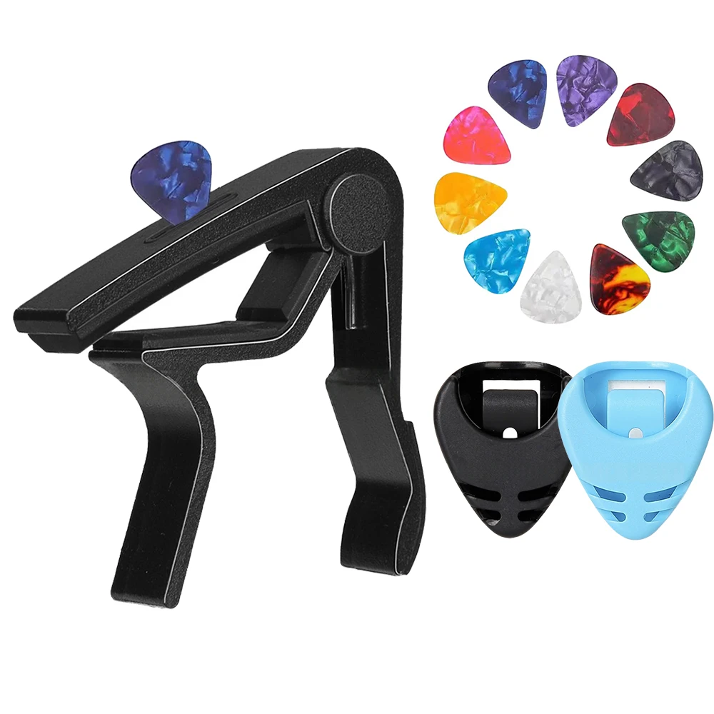 Hochwertiger Gitarren-Kapodaster aus Metall mit 10 Zelluloid-Plektren, 2 Gitarren-Picks-Halter für Akustik-, Elektro-, Klassik- und Ukulele