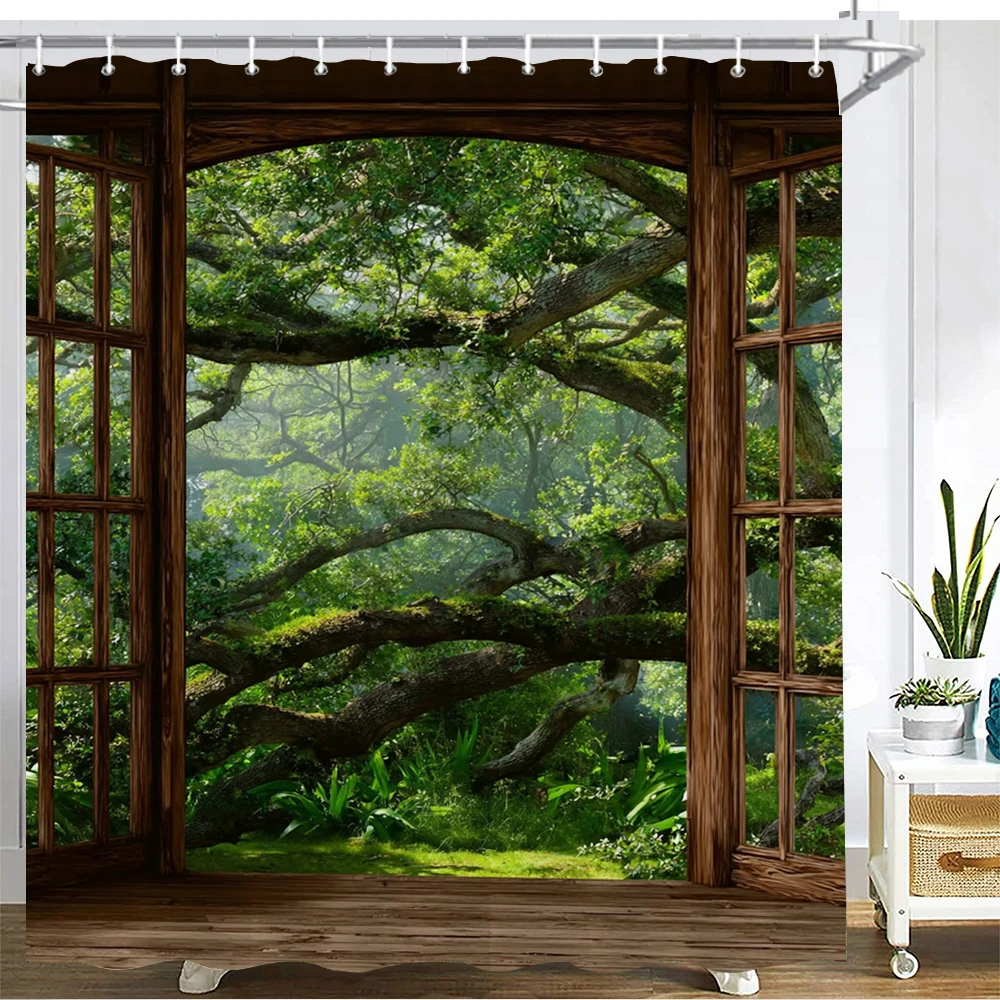 

Лесной пейзаж за окном, занавеска для душа, занавеска для ванной, пейзаж, занавески для ванной комнаты с принтом для украшения дома, занавеска