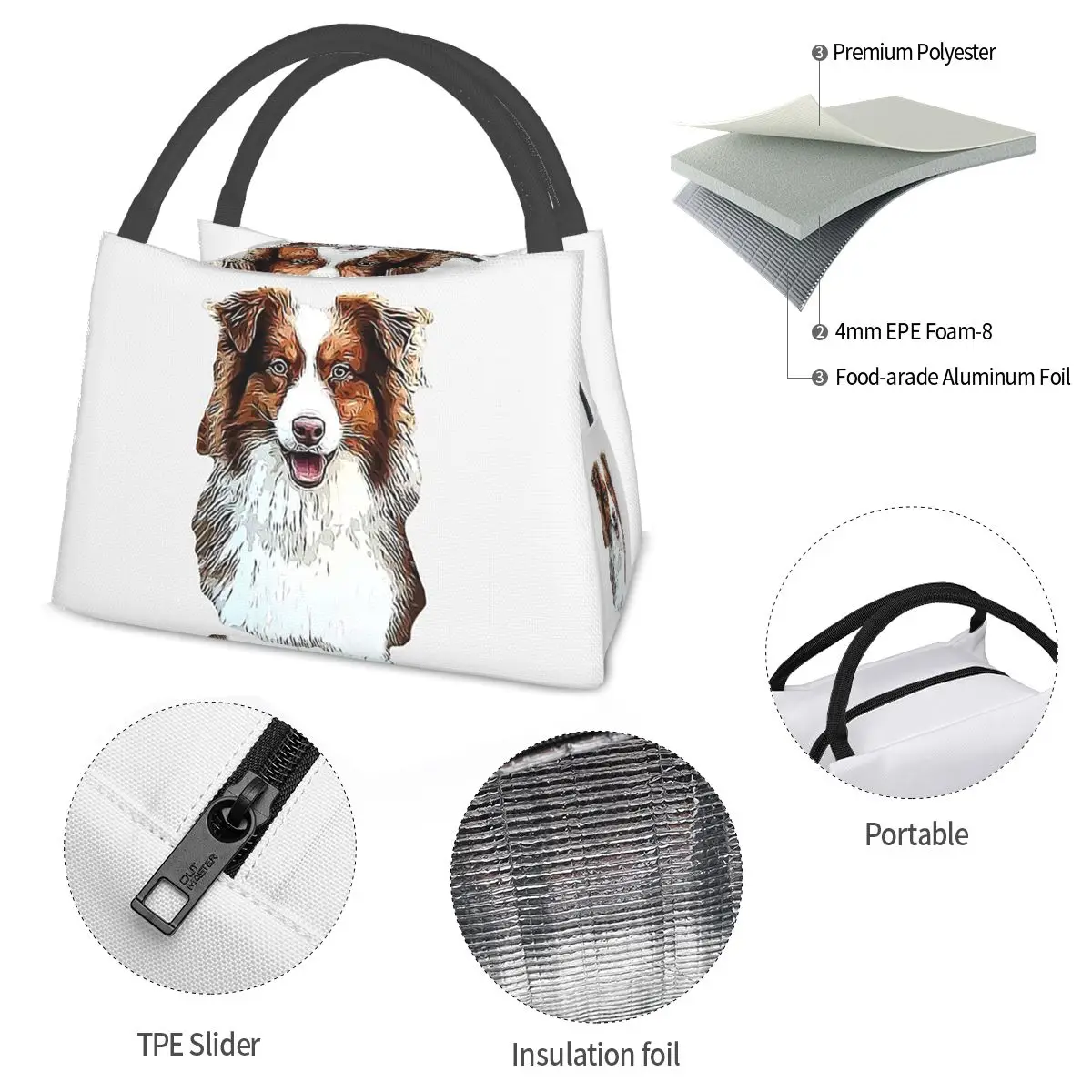 Australian Shepherd Red Tricolor Lovers Insulated Lunch Bag for Women Kids Portable Food Boxes Thermal Lunch Box Tote