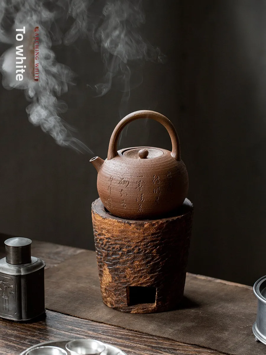MiBai Clay Pot Sand Rake Handmade Tea Brewing Stove Water Boiling Tea Ceremony Tool with Carved Words Jump Knife Charcoal Stove