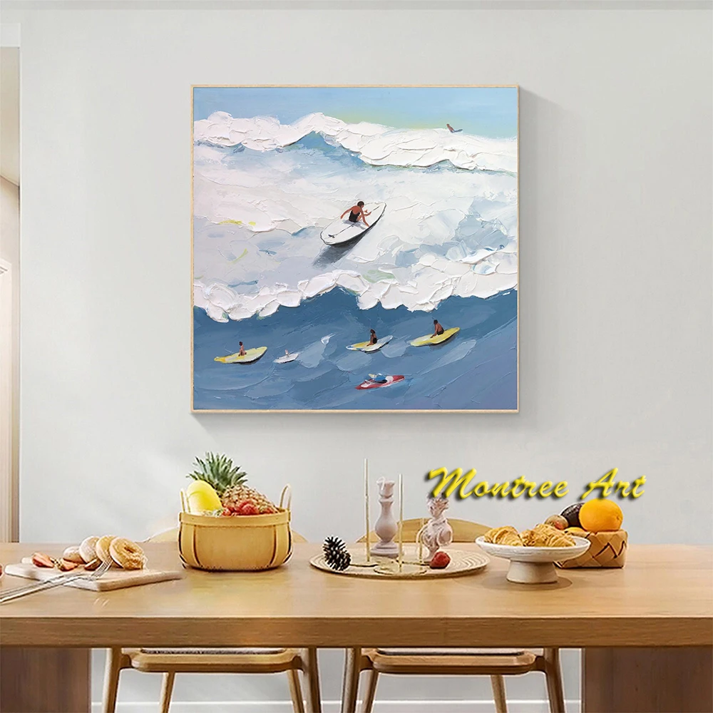 Hand Painted Oil Painting Beach Surfing Painting Original Blue Ocean Surfing Art Framed Wall Art Boho Summer Beach Painting