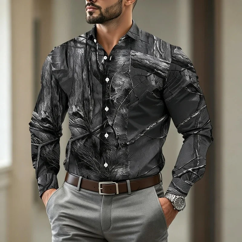 Niche Men's Black and White Long-Sleeved Shirt with a Weathered Wood Texture and Forest Print, Slimming Collared Shirt