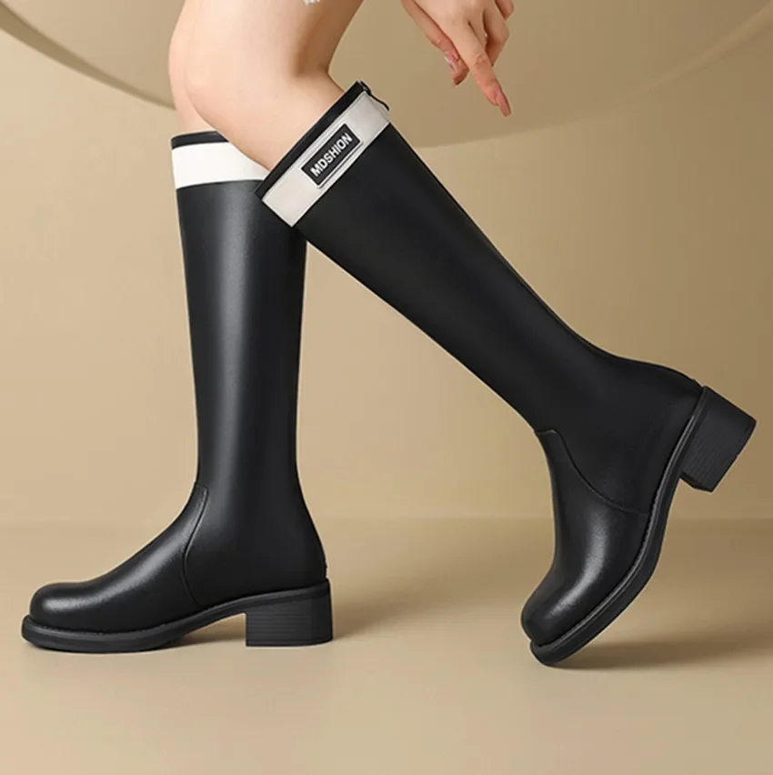 

【ENMAYER】Genuine Leather Quality Women Knee-High Boots Round Toe Side Zipper Shoes Woman Autumn Winter Office Lady Western Boots