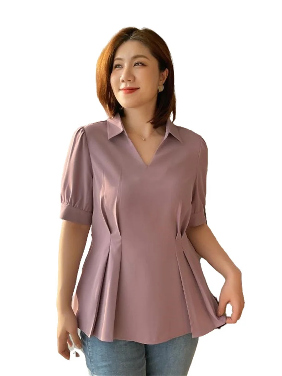 

6XL Women Spring Summer Blouses Shirts Lady Fashion Casual Short Sleeve V-Neck Collar Solid Color Office Blusas Tops G2032