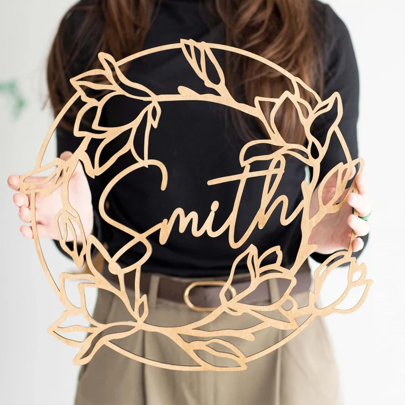 Custom Last Name Wooden Sign, Floral Monogram Door Decor, Family Personalized Gift, Door Hanger Family Sign