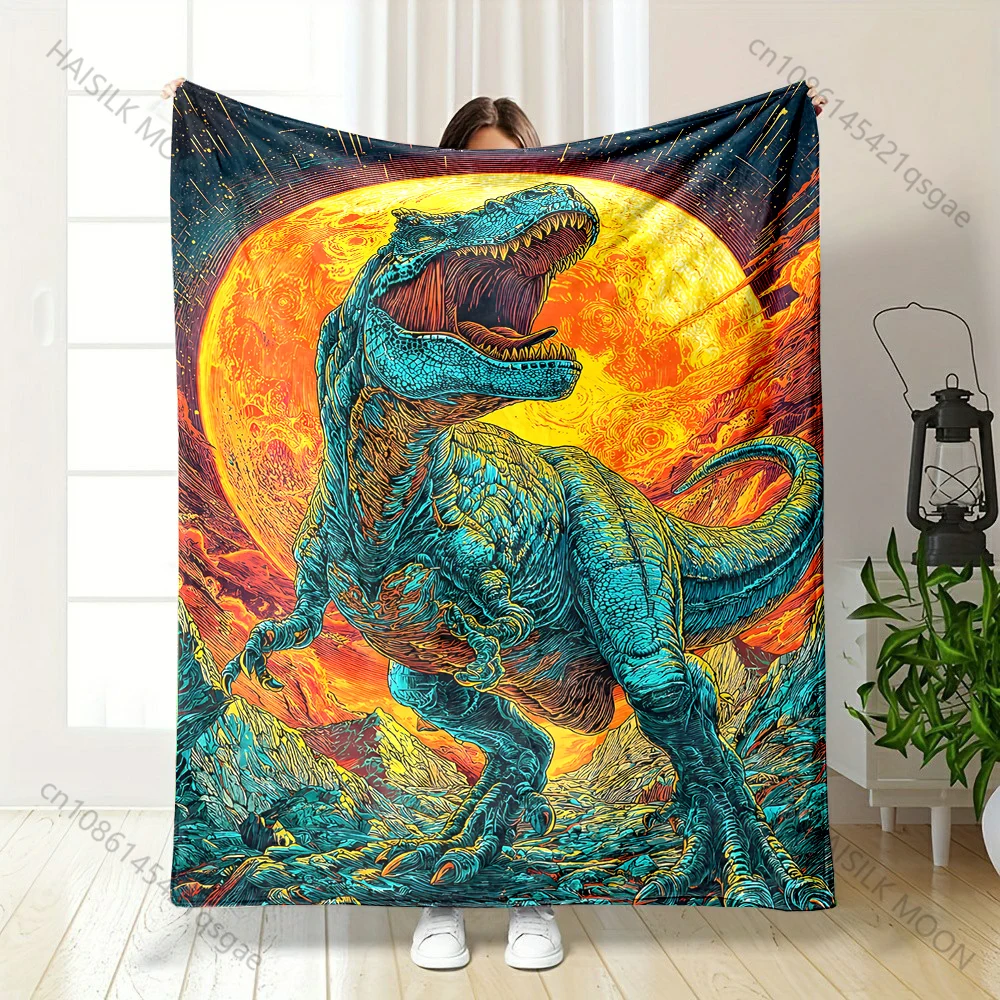 1PC Dinosaur roaring before red planet printed blanket all seasons multi-purpose blanket suitable for sofa, camping, travel, car